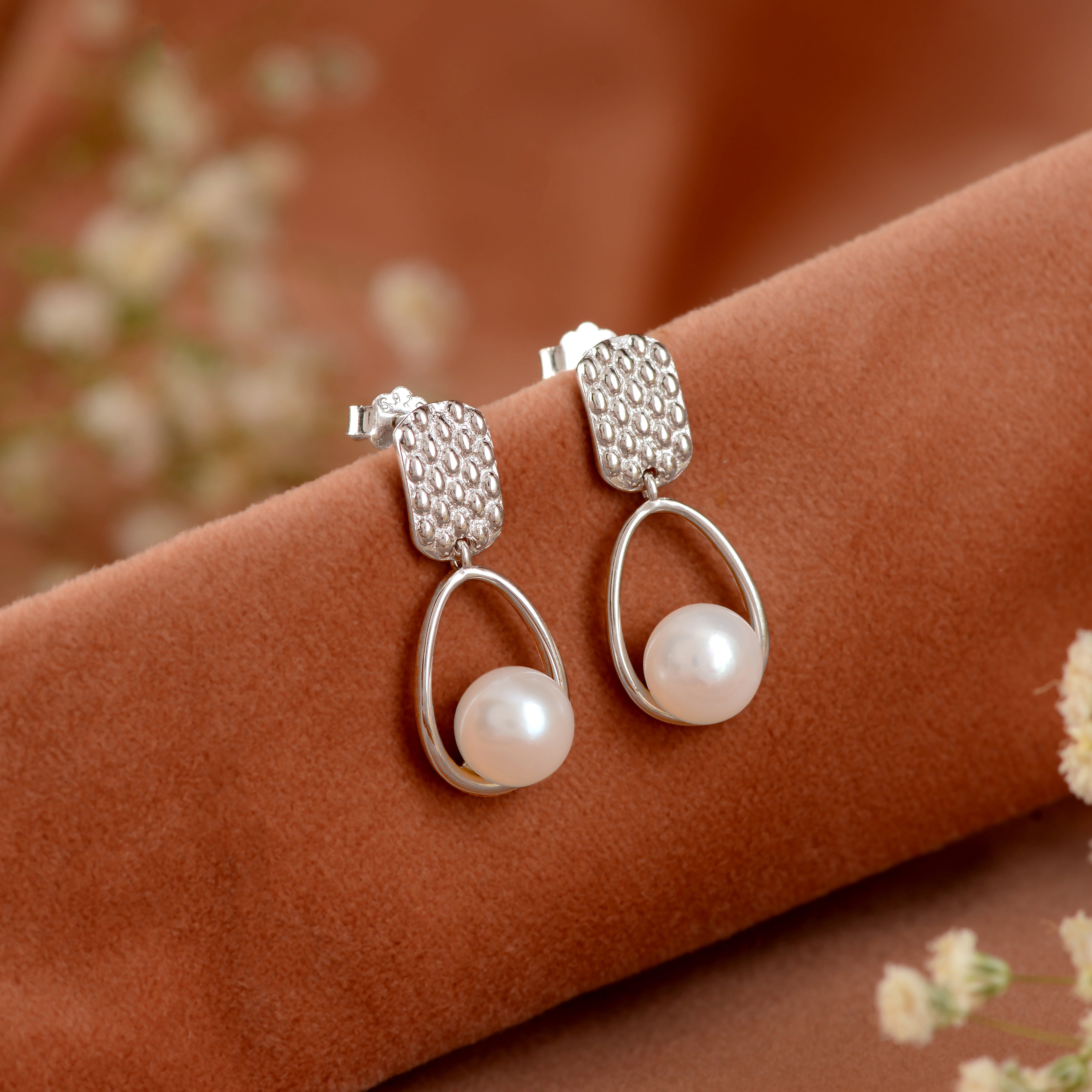 CZ,Silver Hanging Earrings with Freshwater Pearls